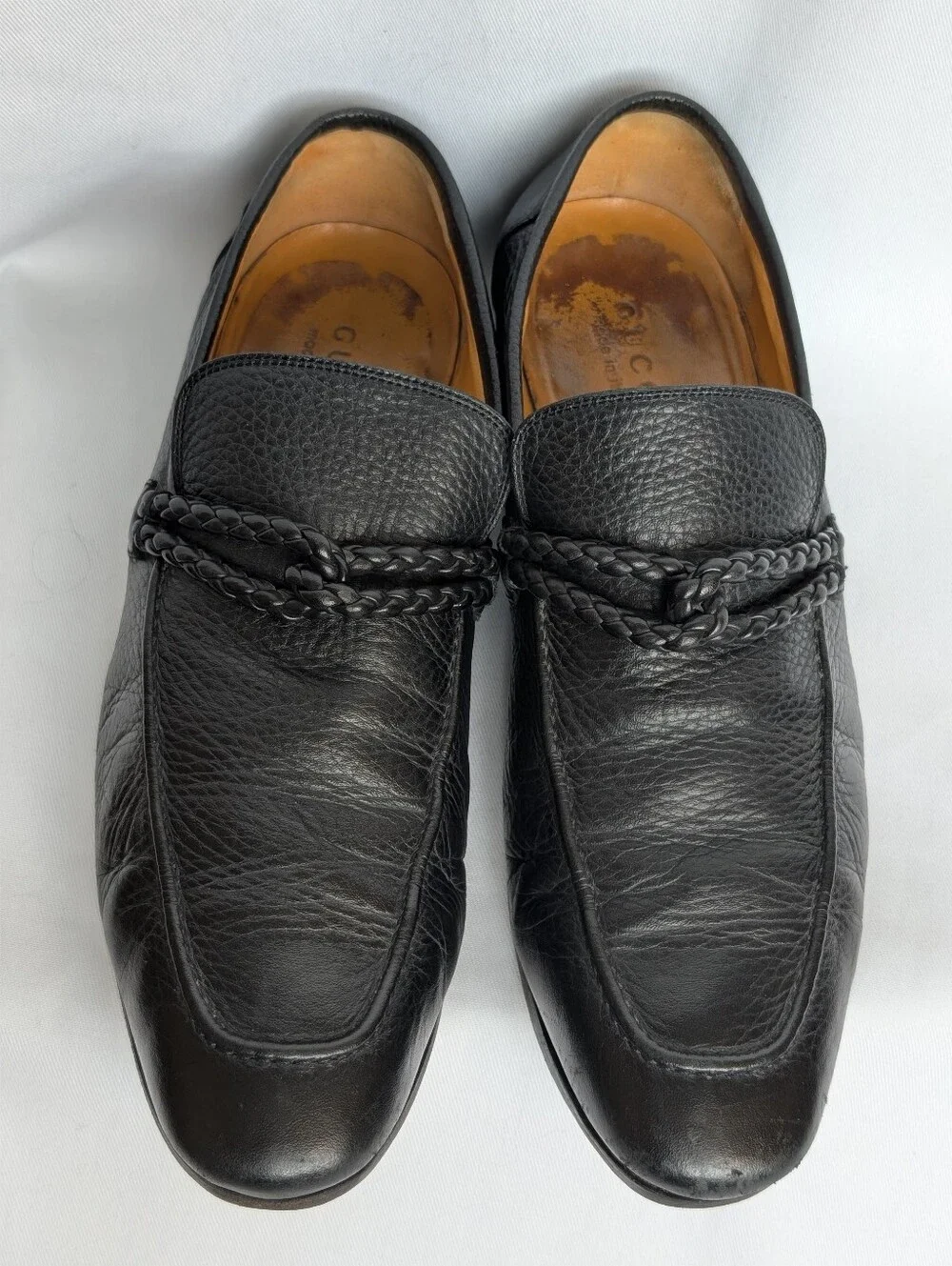 Gucci Men’s Black Leather Braided Loafers Slip On Shoes Made in Italy Size 10.5